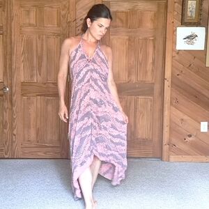 Tangerine Temple Deep Plunge Open Back Handkerchief Hem Maxi Summer Dress OS